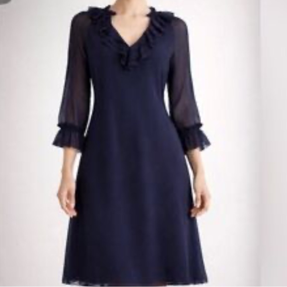 Tory Burch Navy Long Sleeve Ruffle V-Neck Dress